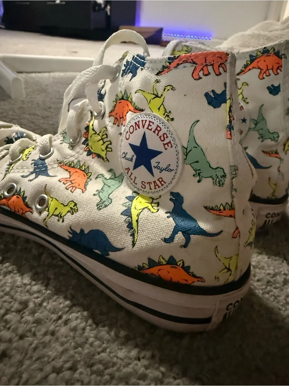 White High-Top Sneakers with Colorful Dinosaur Print